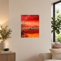 Crimson Stillness — 40 × 50 cm acrylic wall mock-up; simulated reflections