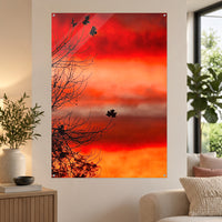 Crimson Stillness — 70 × 100 cm acrylic wall mock-up; simulated reflections