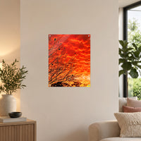 Scarlet Tapestry — 40 × 50 cm acrylic wall mock-up; simulated reflections