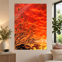 Scarlet Tapestry — 70 × 100 cm acrylic wall mock-up; simulated reflections