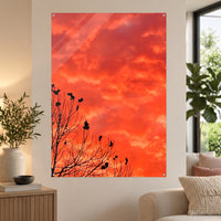 Ember Dance — 70 × 100 cm acrylic wall mock-up; simulated reflections